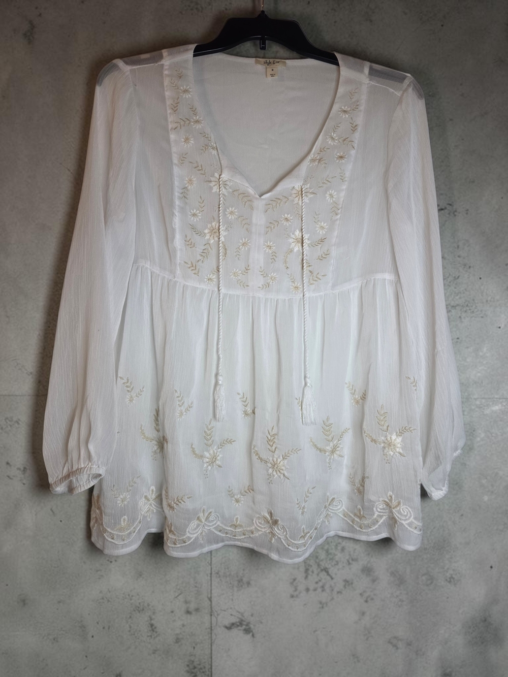 Style & Co Medium White Embroidered Boho Peasant Blouse